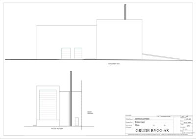 Fasadetegning som viser bygningens utseende sett fra vest og sør.