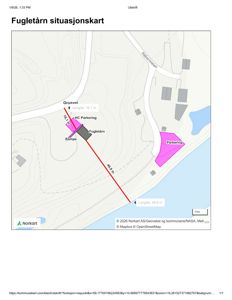 Situasjonskart som viser bygningens plassering i forhold til vei, parkeringsområder og terrengforhold.