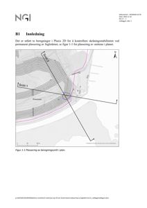 Et kart som viser tosnitt (Snitt 1 og Snitt 2) for beregninger av skråningsstabilitet, med topografi og gatelysning.
