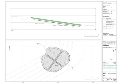 Tegning som viser et tverrsnitt (snitt) gjennom en fjellmasse med angitte lagtykkelser og materialer (f.eks. fjell, grus, sand), samt en planutsnitt av bygningens grunnplan.