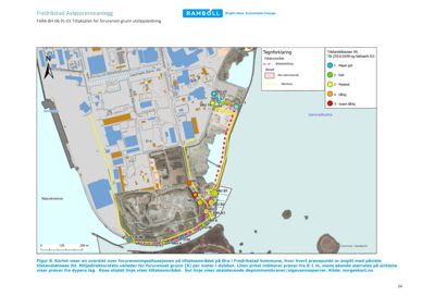 Kart over forurensningssituasjonen på Øra i Fredrikstad kommune, med angitte prøvepunkter og tilstandsklasser for grunnvannet.