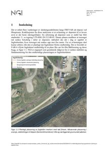 Situasjonsplan som viser planlagt plassering av fugletårn i forhold til deponi og vann, med overlagte beregningslinjer.