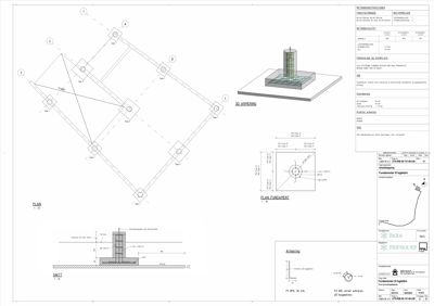 Tegning som viser detaljerte konstruksjoner for fundament, ankerbolter og 3D-anvisning for en teknisk løsning.