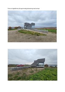 Fotografier av et fugletårn i sin opprinnelige plassering med tilhørende rampe og omgivelser.
