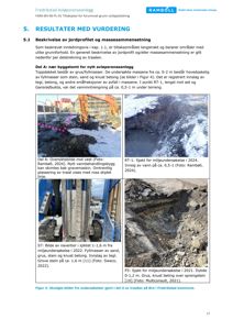 Bildet viser en rapportside med teksten 'RESULTATER MED VURDERING' og fire innleverte fotografier fra et bygge- eller undersøkelsesfelt. Bildene viser grøfting, sjakter og masseprøver.