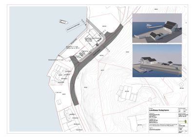 Situasjonsplan som viser tomtens form, høydeforhold, naboeiendommer og en 3D-visualisering av det planlagte byggeprosjektet.