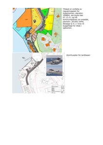 Bildet viser en situasjonsplan (reguleringsplan) med fargekodet arealdeling, byggefelt og en markert byggeplass. Det inneholder også en mindre innsett med en 3D-rendering av et utomhusanlegg.