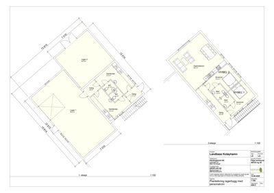 Bildet viser etasjeplaner (1. etasje og 2. etasje) for et lagerbygg med personalrom, inkludert romfordeling og mål.