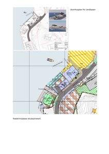 Bildet viser en situasjonsplan (tomtekart) med bygningsplassering, topografi og farger for ulike arealer.