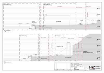 Snittegning som viser tverrsnitt gjennom to byggetrinn (1 og 2) med detaljer om høyder, terrengforhold, eksisterende og nytt terreng, samt plassering av veier og gater.