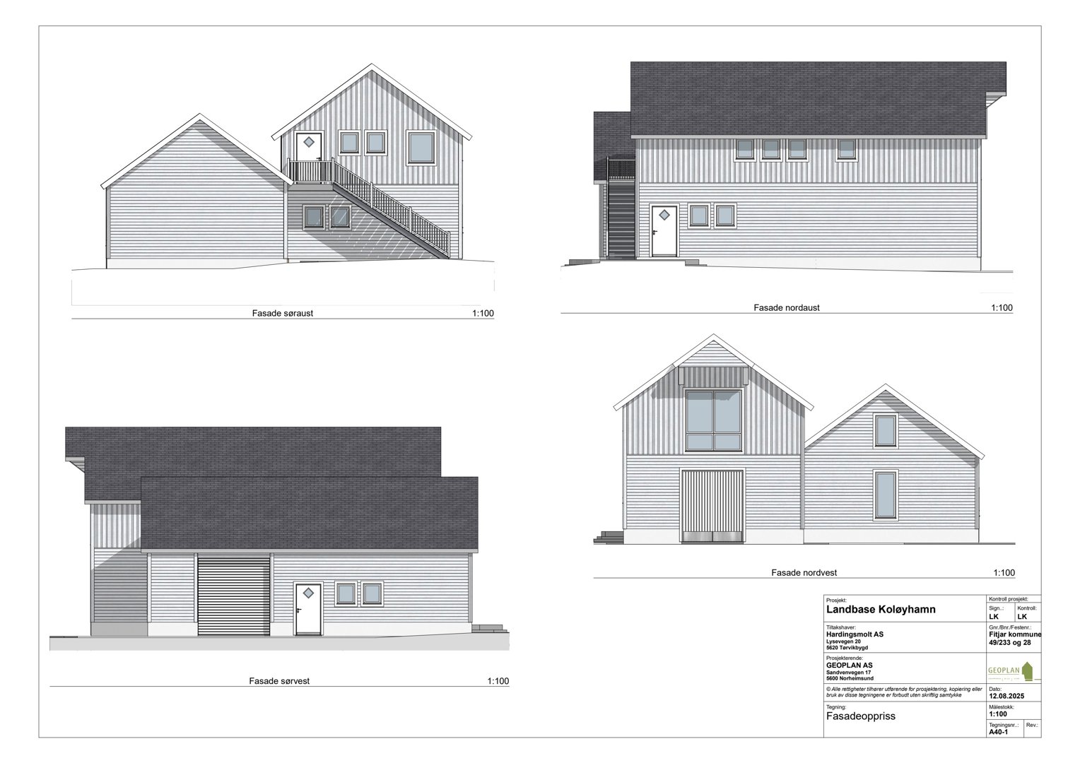 Bildet viser fasadeproppriss (fremstillinger av bygningens utsynsvinkler) for en bolig, inkludert nordvest, nordøst, sørøst og sørvest.