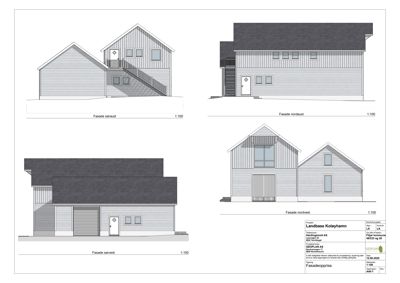 Bildet viser fasadeproppriss (fremstillinger av bygningens utsynsvinkler) for en bolig, inkludert nordvest, nordøst, sørøst og sørvest.