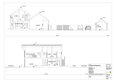 Snittegning (Snitt A og Snitt B) som viser tverrsnittet av bygningen med romfordeling og høyder.