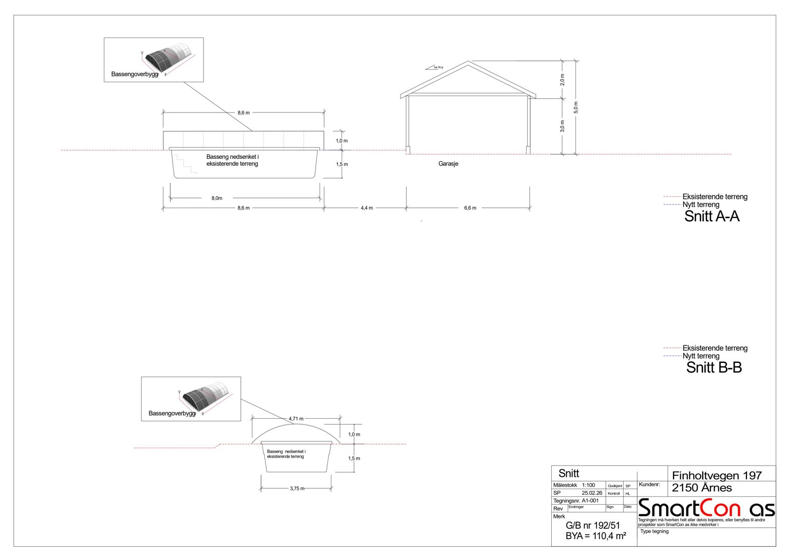 Snittegning (Snitt A-A og B-B) som viser tverrsnittet av en bassengkonstruksjon og en garasje.