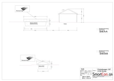 Snittegning (Snitt A-A og B-B) som viser tverrsnittet av en bassengkonstruksjon og en garasje.