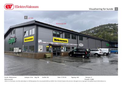 Fotografi av en eksisterende bygning (Mekonomen) med markerte områder for nytt skilt og eksisterende skilt.