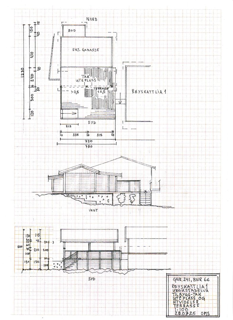 Fasadetegning (opprikk) av en bygning sett fra syd og nord, med mål og detaljer om tak og uteplass.