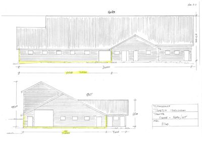 Fasadetegning som viser bygningens utseende sett fra Nord og Øst, inkludert mål og detaljer.