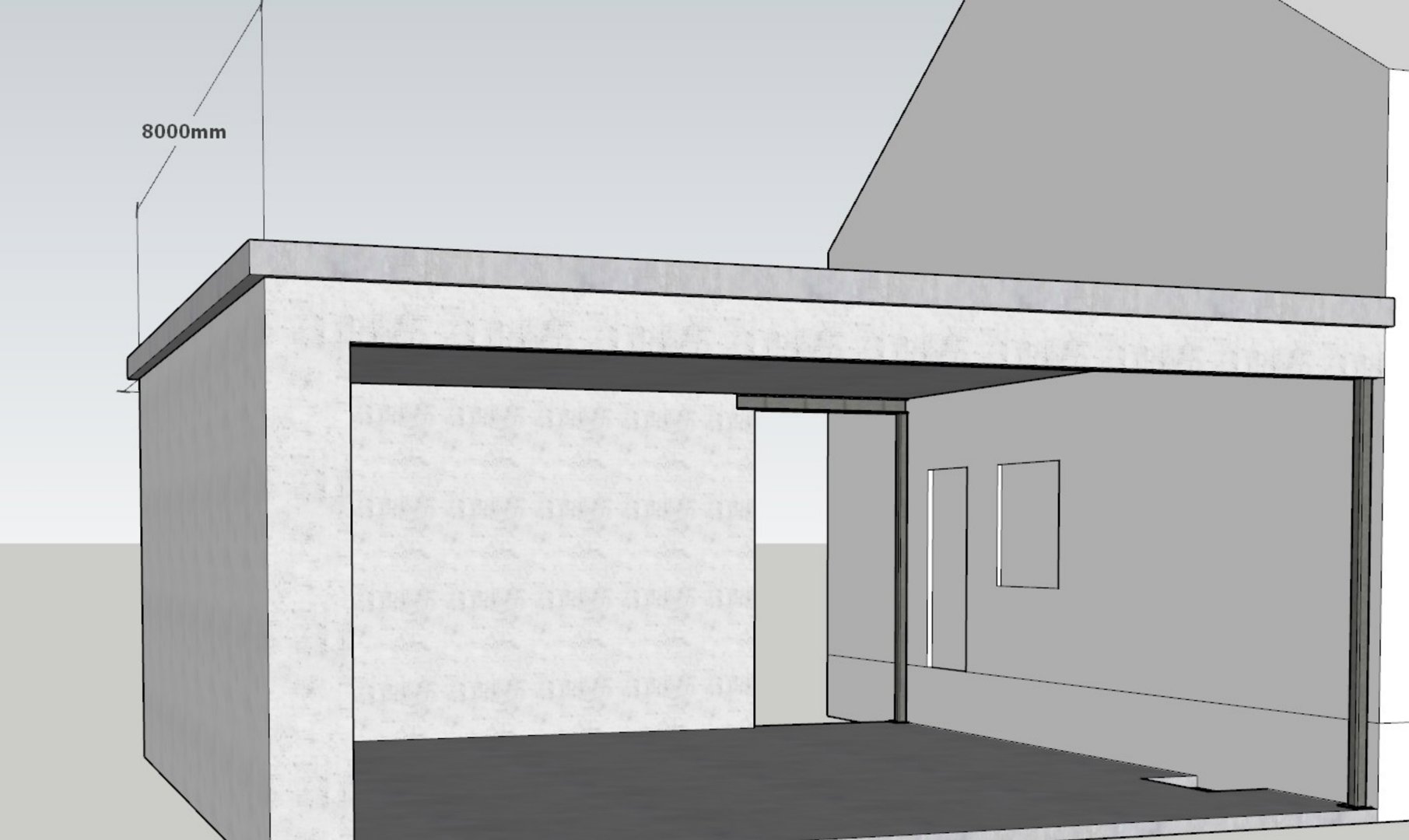 3D-visualisering (rendering) av en bygning sett fra siden, med en markert høyde på 8000mm.