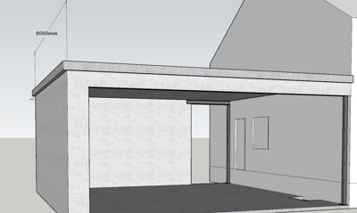 3D-visualisering (rendering) av en bygning sett fra siden, med en markert høyde på 8000mm.