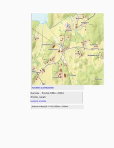 Et ortofoto (flyfoto) over et område med stier, skog og bebyggelse, inkludert en markert rute.