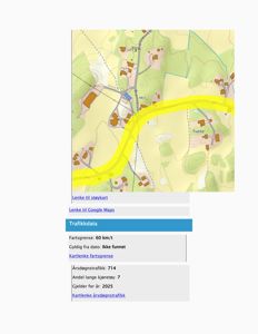 Kart med situasjonsplan over et område med veier og bebyggelse, inkludert trafikkdata og lenker til støykart og Google Maps.