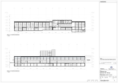 Snittegning (rammesnitt) som viser bygningens tverrsnitt, høyder og konstruksjon.