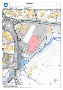 Situasjonskart som viser tomtens beliggenhet, nabolag, infrastruktur og bygningsplassering.