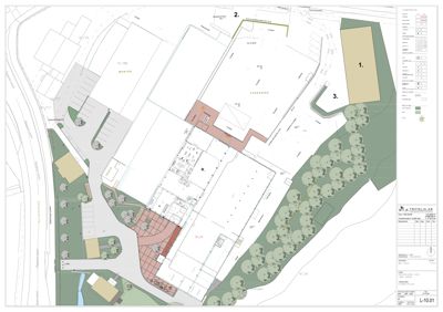 Situasjonsplan som viser tomtens grenser, nabolag (byggetall), veier, parkeringsplasser og planlagt beplantning.