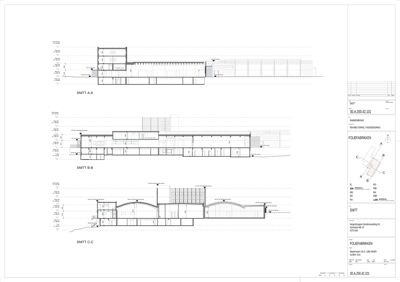 Tegning som viser tre snitt (A-A, B-B og C-C) gjennom en bygning med mål og detaljer.