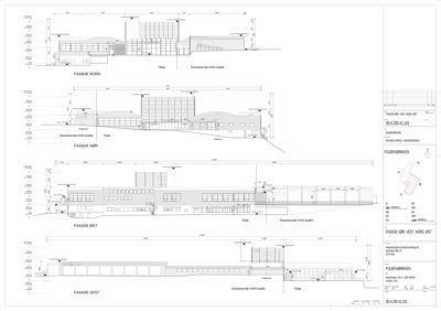 Fasadetegning som viser bygningens utseende fra fire sider (Nord, Sør, Øst og Vest) med mål og detaljer.