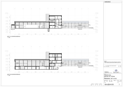 Snittegning (rammesnitt) som viser bygningens tverrsnitt, høyder og konstruksjonsdetaljer.