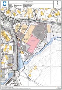 Situasjonskart som viser tomtens plassering i forhold til nabolag, infrastruktur (veier, jernbane) og topografi.