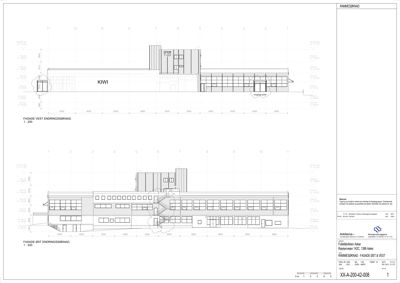 Fasadetegning (rammeskiss) som viser bygningens utseende fra vest og øst.
