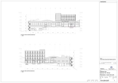 Fasadetegning som viser bygningens utseende fra nord og sør med mål og detaljer.