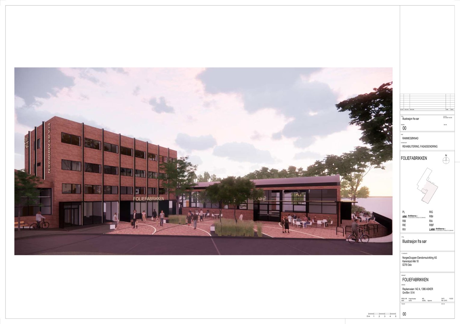 3D-visualisering (rendering) av en bygning sett fra foran, med omgivelser og beplantning.