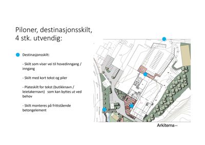 Situasjonsplan som viser plassering av destinasjonsskilt (markert med blå prikker) i forhold til bygninger, veier og beplantning.