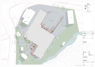 Landskapsplan (situasjonsplan) som viser plassering av bygninger, parkeringsplasser og beplantning på tomten.