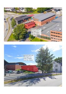 Bildet viser to fotografier av en bygning (en gammel transformator) som er markert med rød farge og en tekstbeskrivelse om at den skal rives.