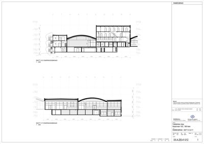 Snittegning (tverrsnitt) av en bygning, som viser innvendige høyder, konstruksjoner og romfordeling sett fra siden.