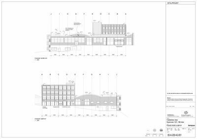 Fasadetegning som viser bygningens utseende fra nord og sør.