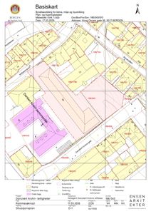 Situasjonsplan (Basiskart) som viser eiendomsgranser, bygninger, veier og arealbruk for eiendommen Kong Oscars gate 56 i Bergen.
