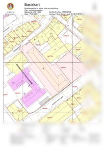 Situasjonsplan (Basiskart) som viser eiendomsgranser, bygninger, veier og arealbruk for eiendommen Kong Oscars gate 56 i Bergen.