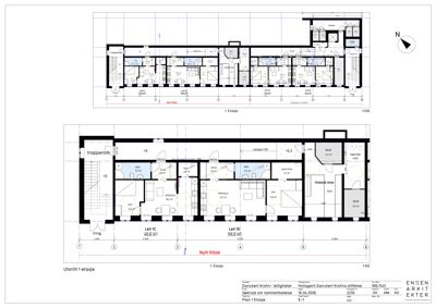 Bildet viser etasjeplaner (1. etasje) og et snitt (Utsnitt 1 etasje) for en boligblokk. Det er tegnet opp med romnavn, arealer og dimensjoner.