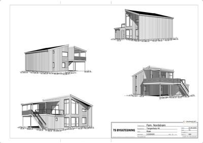 Fasadetegning som viser bygningens utsyn fra flere vinkler (opp- og sideutsyn).