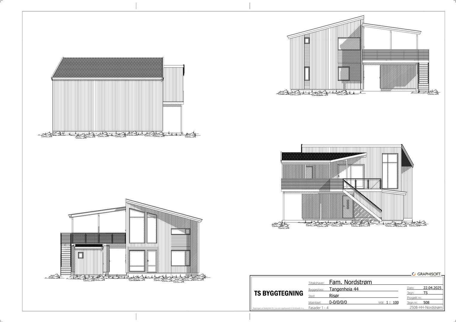 Byggtegning som viser fasadeopprikk (fra flere vinkler) av en bolig.