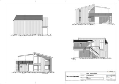 Byggtegning som viser fasadeopprikk (fra flere vinkler) av en bolig.