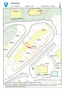 Situasjonskart som viser tomtens plassering (59/442) i forhold til nabolag, vei (Tangenveia) og høydeforhold.