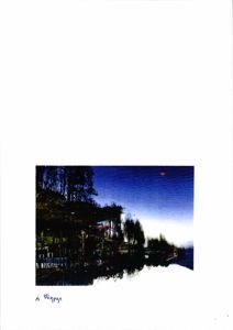 Fotografi av en eksisterende bygning eller tomt med omgivende natur (trær, vann) og himmel.