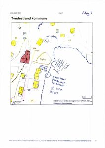 Situasjonsplan som viser bygningers plassering, vegnett og tomtegrenser i Tvedestrand kommune.